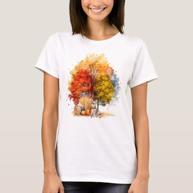 Camiseta Design de Cachorro Outono Aquarela - Corgi (Frente)