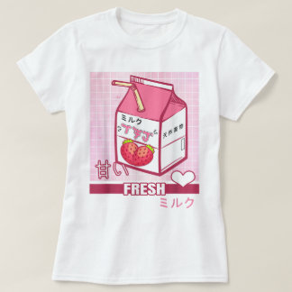 Camiseta Design de Caixa de Leite de Morango Kawaii