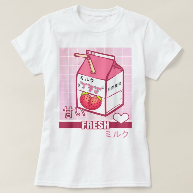 Camiseta Design de Caixa de Leite de Morango Kawaii (Frente do Design)