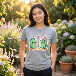 Camiseta Design de Casal de Cactus Fofo