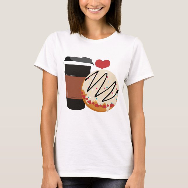 Camiseta Design de casal de Donut e Café fofo para o Dia do (Frente)