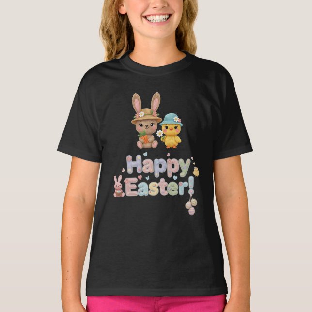Camiseta Design de Coelhinho & Pintinho Feliz Páscoa em Cro (Frente)