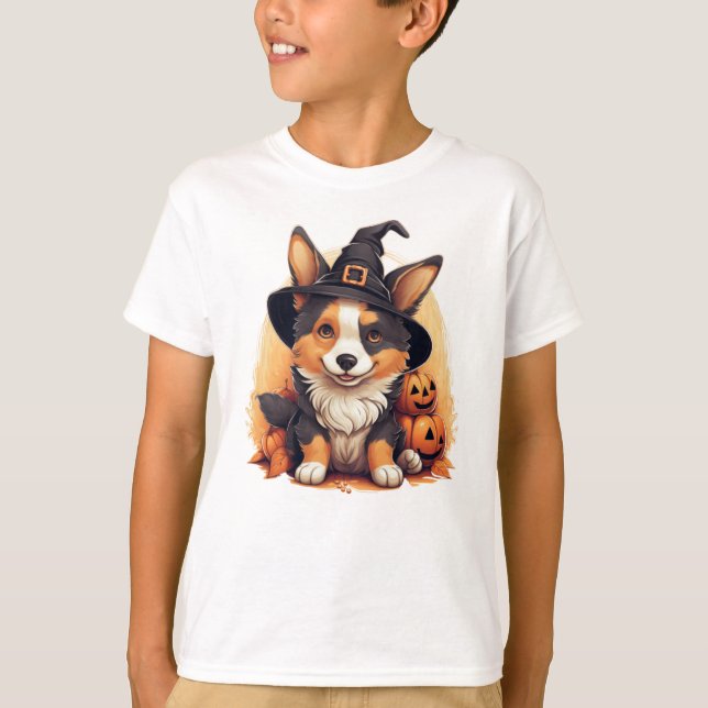 Camiseta Design de Corgi Bonito com Pumpkins e Chapéu de Br (Frente)