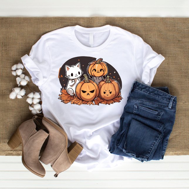 Camiseta Design de Dia das Bruxas de Gato Kawaii (Kawaii Cat Halloween T-shirt Design.)