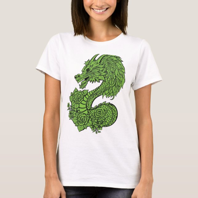 camiseta design de dragão de madeira verde (Frente)