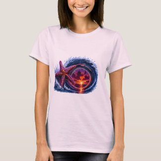 Camiseta Design de Estrela-do-Mar Onda do Oceano Pôr do Sol