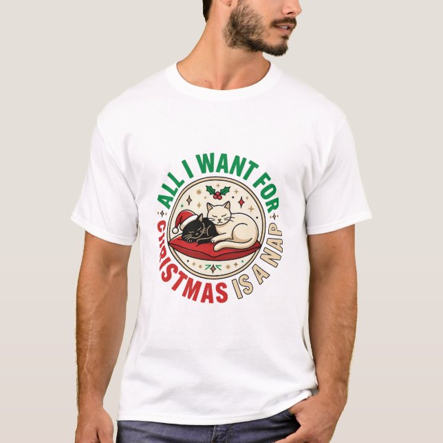 Camiseta Design de Férias de Soneca de Gato de Natal (Frente)