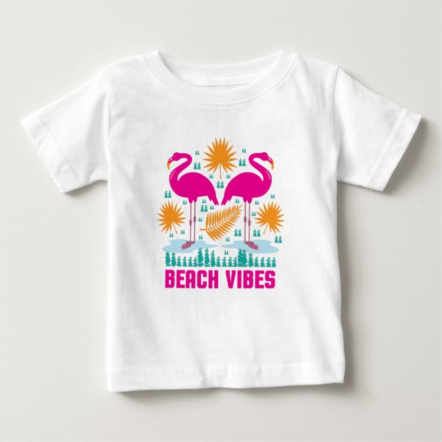 Camiseta Design de Flamingos Rosa Vibes de Praia (Frente)