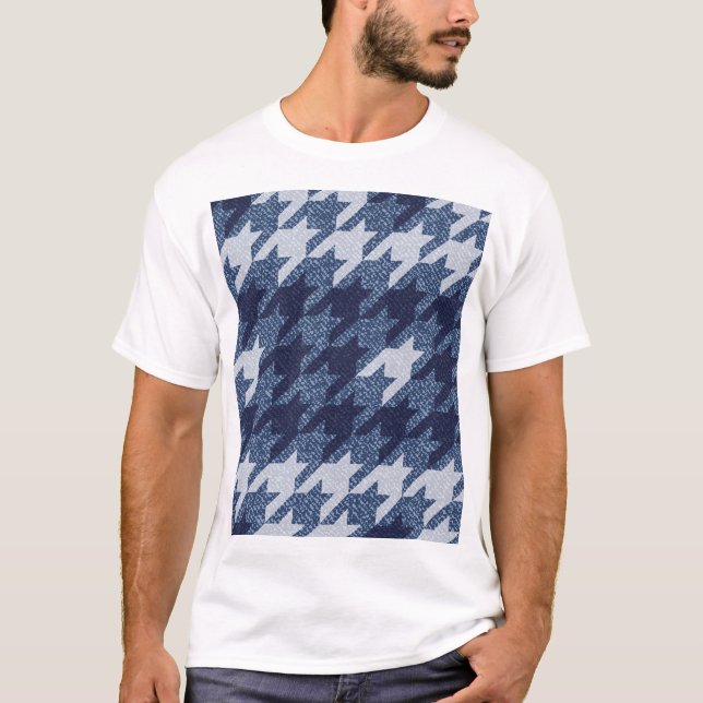 Camiseta Design de Fundo de Jeans com Xadrez Houndstooth (Frente)
