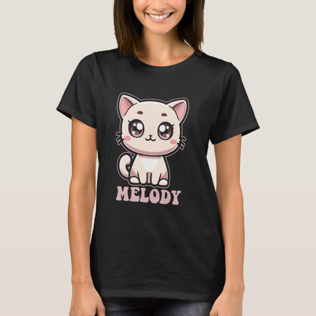 Camiseta Design de Gatinho Fofo Kitty para Meninas Nome Mel (Frente)