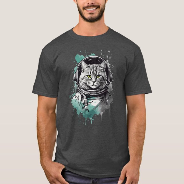 Camiseta Design de Gato Astronauta Verde Preto (Frente)
