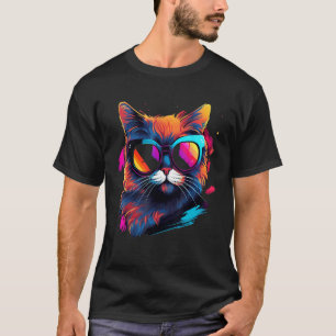 Camiseta design de gato colorido, preto, amarelo, branco, a