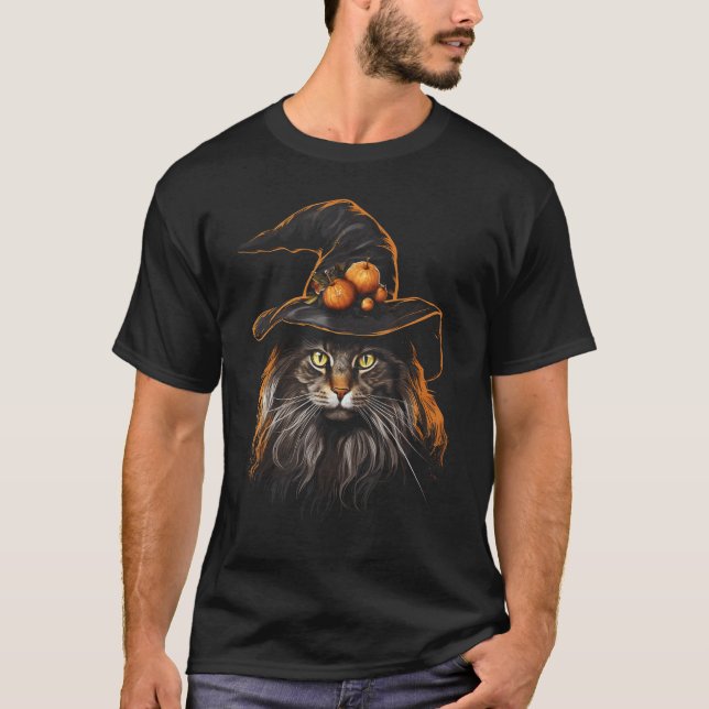 Camiseta Design de Gato Maine Coon com Chapéu de Bruxa de H (Frente)
