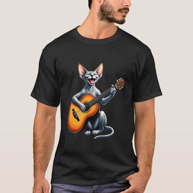 Camiseta Design de Gato Sphynx Engraçado Tocando Violão par (Frente)