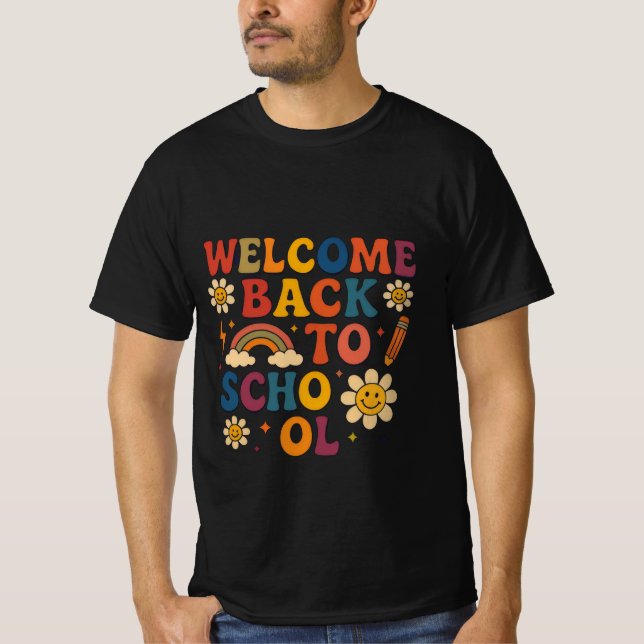 Camiseta Design de Groovy Retro "Bem-vindo de volta à escol (Frente)