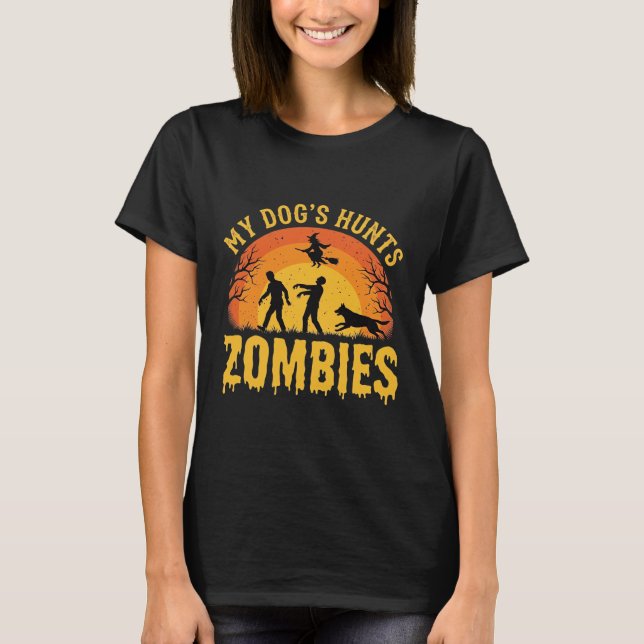 Camiseta Design de Halloween de cachorro caçando zumbis (Frente)
