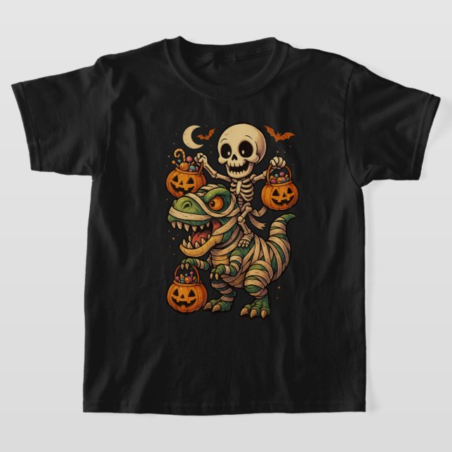 Camiseta Design de Halloween de Skeleton e múmia T-Rex (Postura )