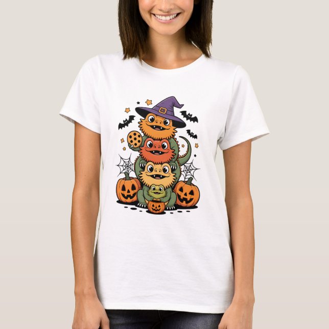 Camiseta Design de Halloween dos Dragões Empilhados (Frente)