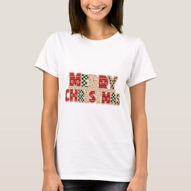 Camiseta Design de Letreiro Patchwork Feliz Natal (Frente)