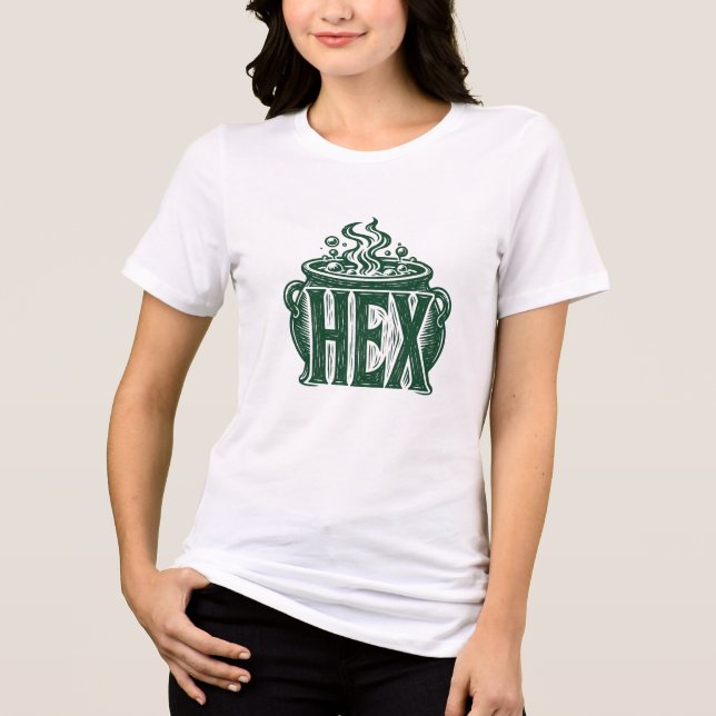 Camiseta Design de Linocut Hex Cauldron Halloween (Frente)