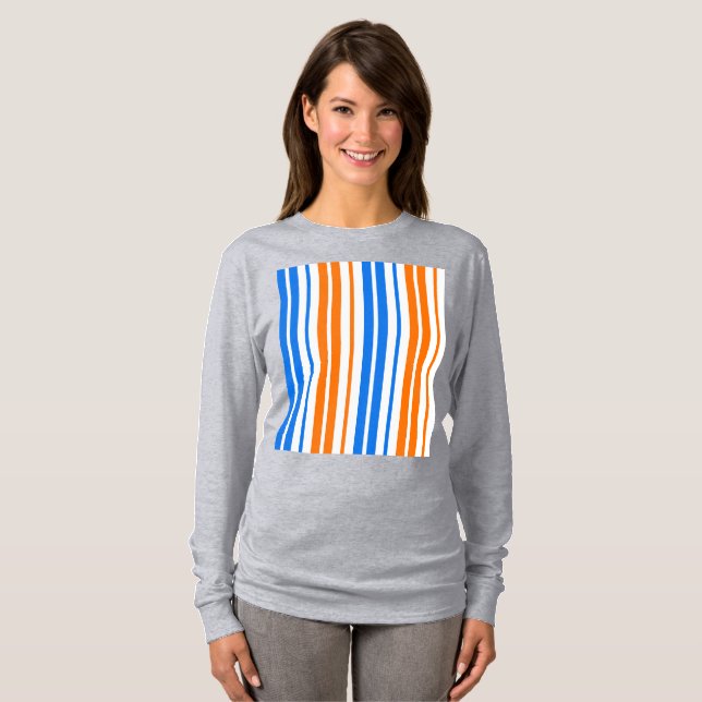 Camiseta Design de Listras Verticais Laranja Azul Branco   (Frente Completa)