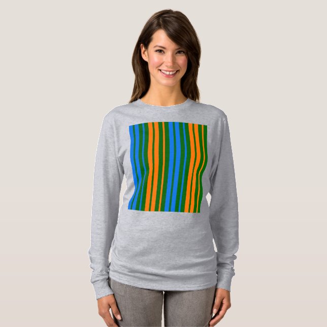 Camiseta Design de Listras Verticais Laranja Verde Azul   (Frente Completa)