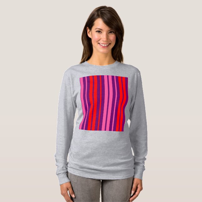 Camiseta Design de Listras Verticais Rosa Roxo Vermelho   (Frente Completa)