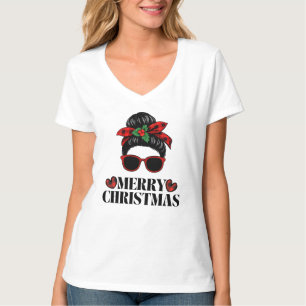 Camiseta design de mãe com coque desarrumado de Natal