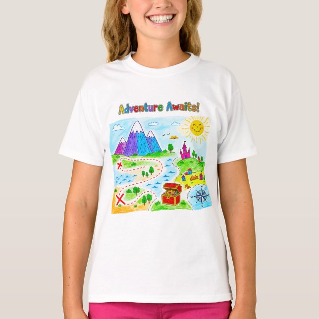 Camiseta Design de Mapa do Tesouro Aventura Espera Crianças (Frente)