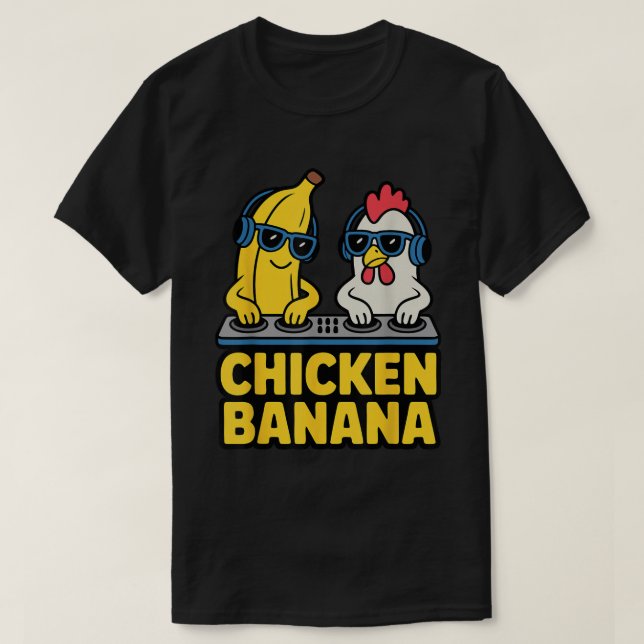 Camiseta Design de Meme de DJ Engraçado com Frango e Banana (Frente do Design)