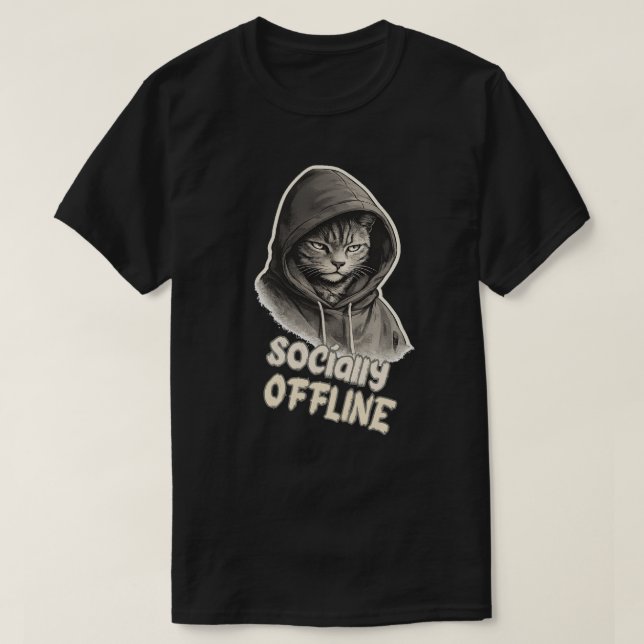 Camiseta Design de Moda de Gato Socialmente Offline Minimal (Frente do Design)