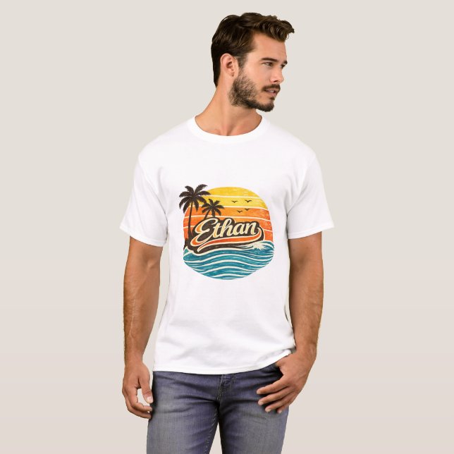 Camiseta Design de Nome Pôr do Sol Retro Ethan (Frente Completa)