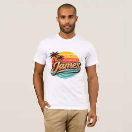 Camiseta Design de Nome Tropical Pôr do Sol Retro James