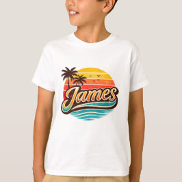 Camiseta Design de Nome Tropical Pôr do Sol Retro James