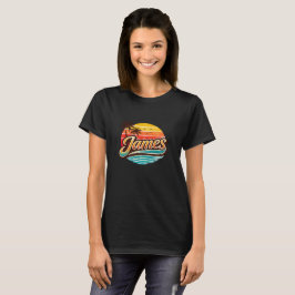 Camiseta Design de Nome Tropical Pôr do Sol Retro James