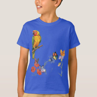 Camiseta design de papagaio e borboletas em aquarela