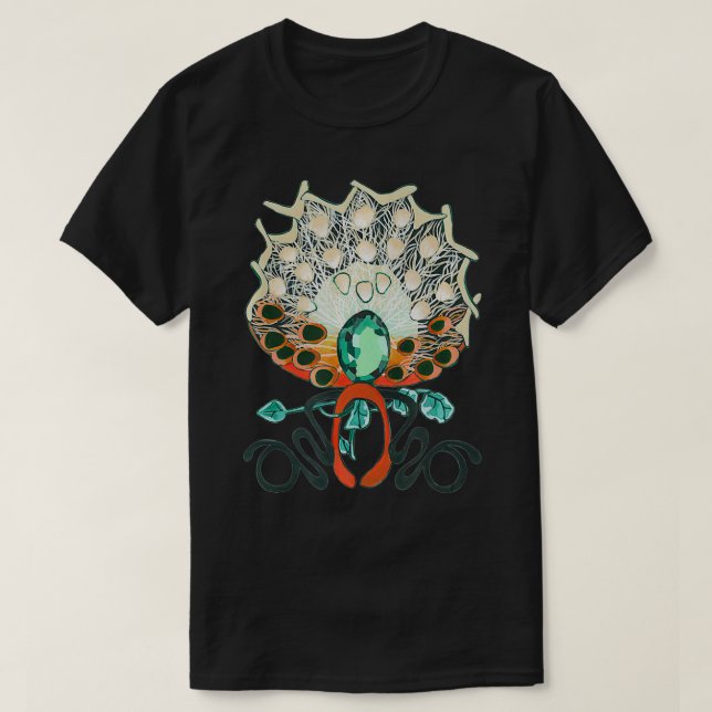 Camiseta Design de pavão com olhos de folhas e de aves de f (Frente do Design)