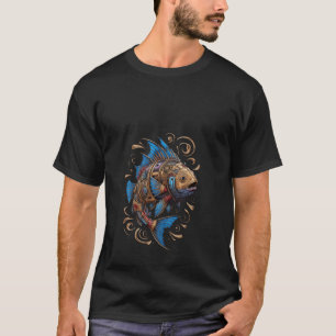 Camiseta Design de peixe Steampunk azul e dourado para entu