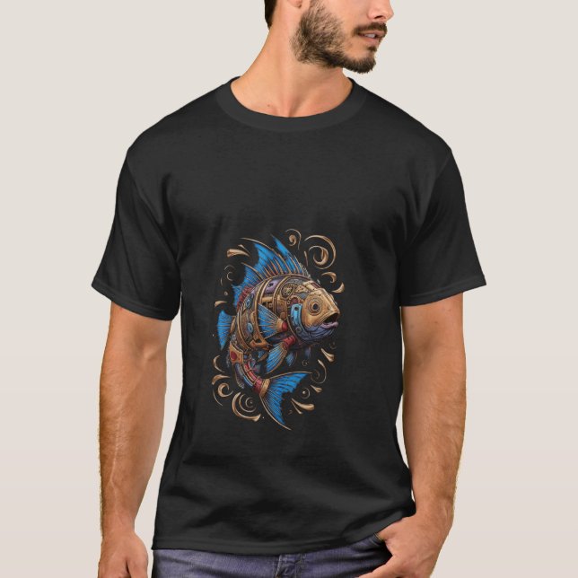 Camiseta Design de peixe Steampunk azul e dourado para entu (Frente)