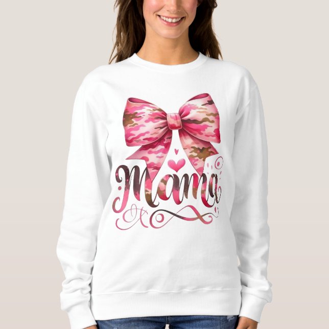 Camiseta Design de Script Mama com Arco Camuflado Rosa (Frente)