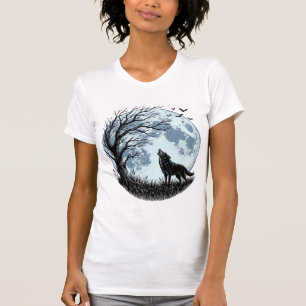 Camiseta Design de silhueta de árvore de lua uivando lobo v