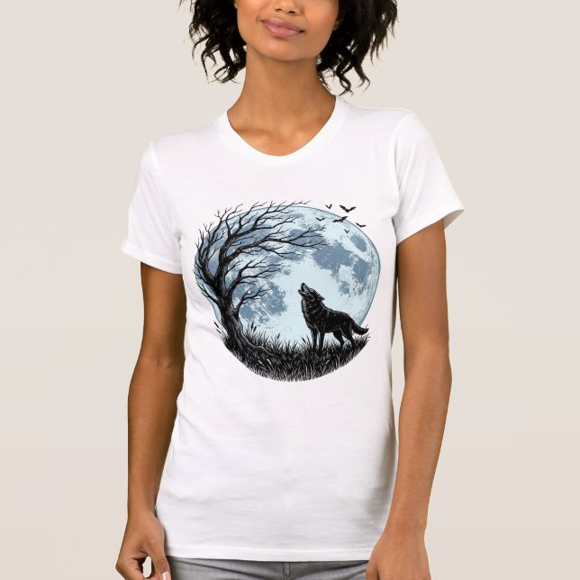 Camiseta Design de silhueta de árvore de lua uivando lobo v (Frente)
