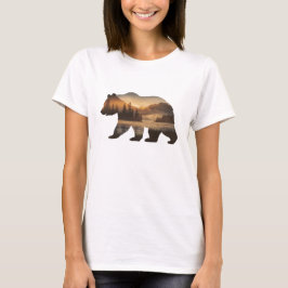 Camiseta Design de Silhueta de Urso com Vista do Pôr do Sol