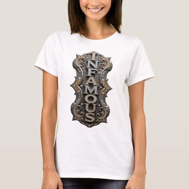 Camiseta Design de slogan INFAMOUS Dourado Nítido (Frente)