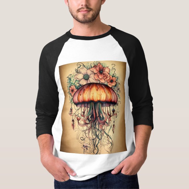 Camiseta Design de Tatuagem de Água-Viva com Elementos Flor (Frente)