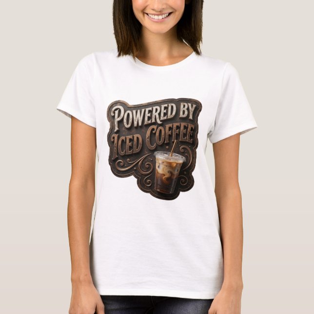 Camiseta Design de texto POWERED BY ICED COFFEE em Ouro Bri (Frente)