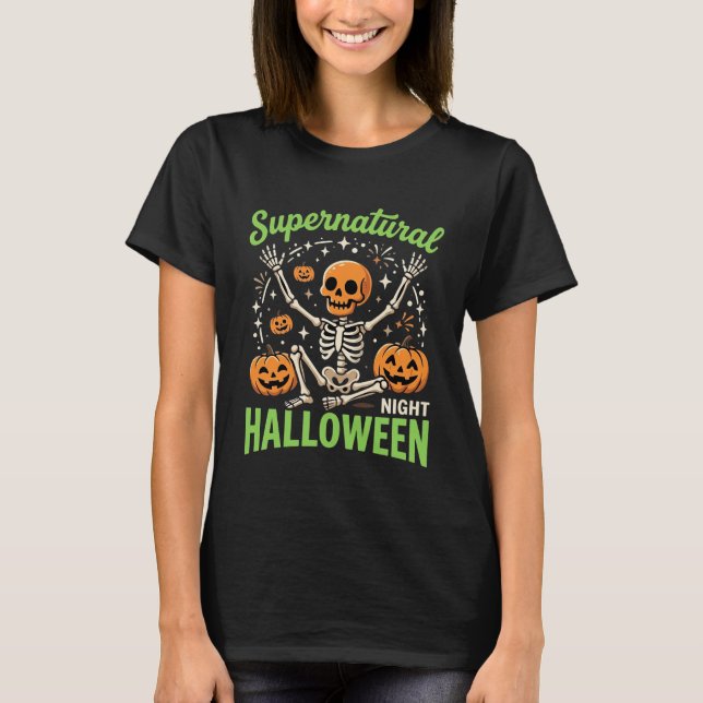 Camiseta Design de Vetor de Halloween de Esqueleto Supernat (Frente)