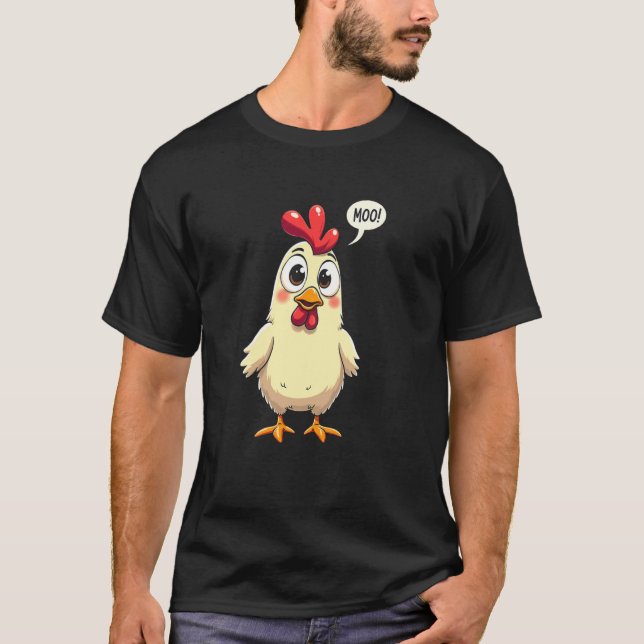 Camiseta Design Divertido Confusão de Moos de Frango Fofo (Frente)
