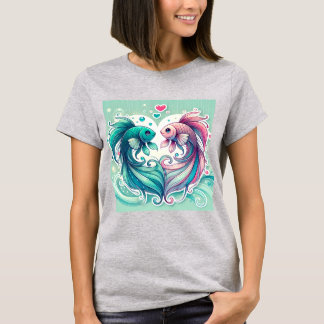 Camiseta Design do Coração de Peixes Românticos Koi