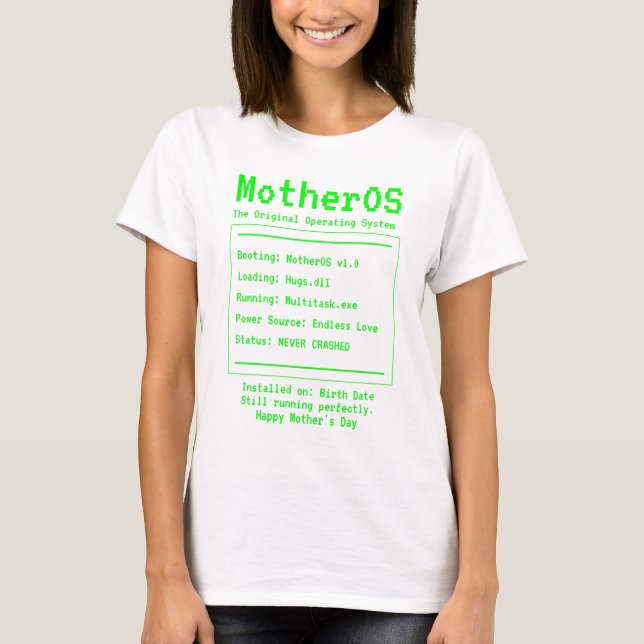 Camiseta Design do Dia de as mães de tecnologia retrô-mãeOS (Frente)